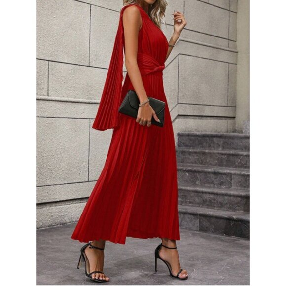 Red One Shoulder Twist Front Pleated Hem Dress - Picture 5 of 11